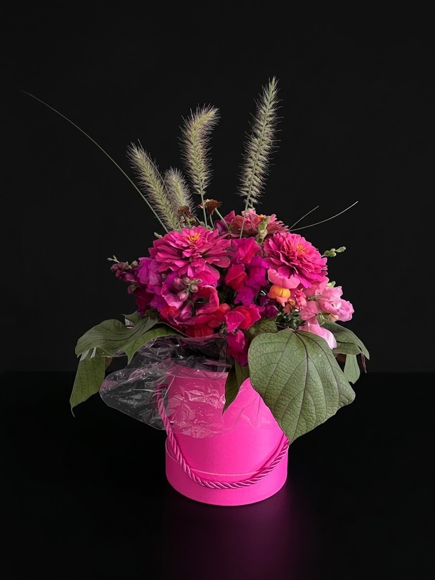 Bukiet w różowym pudełku ze wstążką